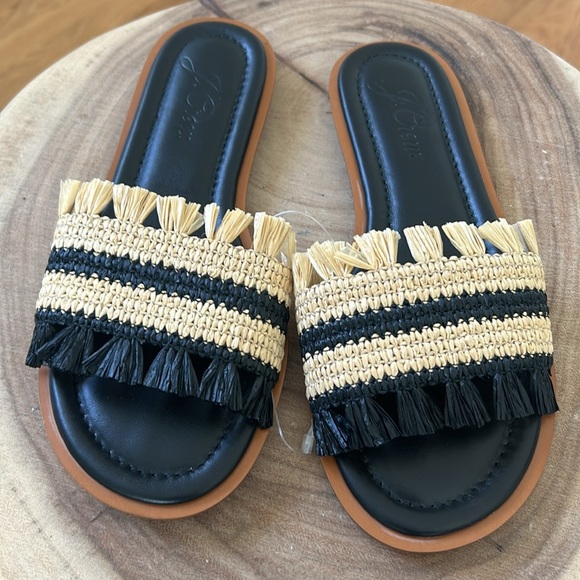 J. Crew Sorrento woven sandal with raffia fringe Black and natural Size 6.5 - Picture 1 of 9